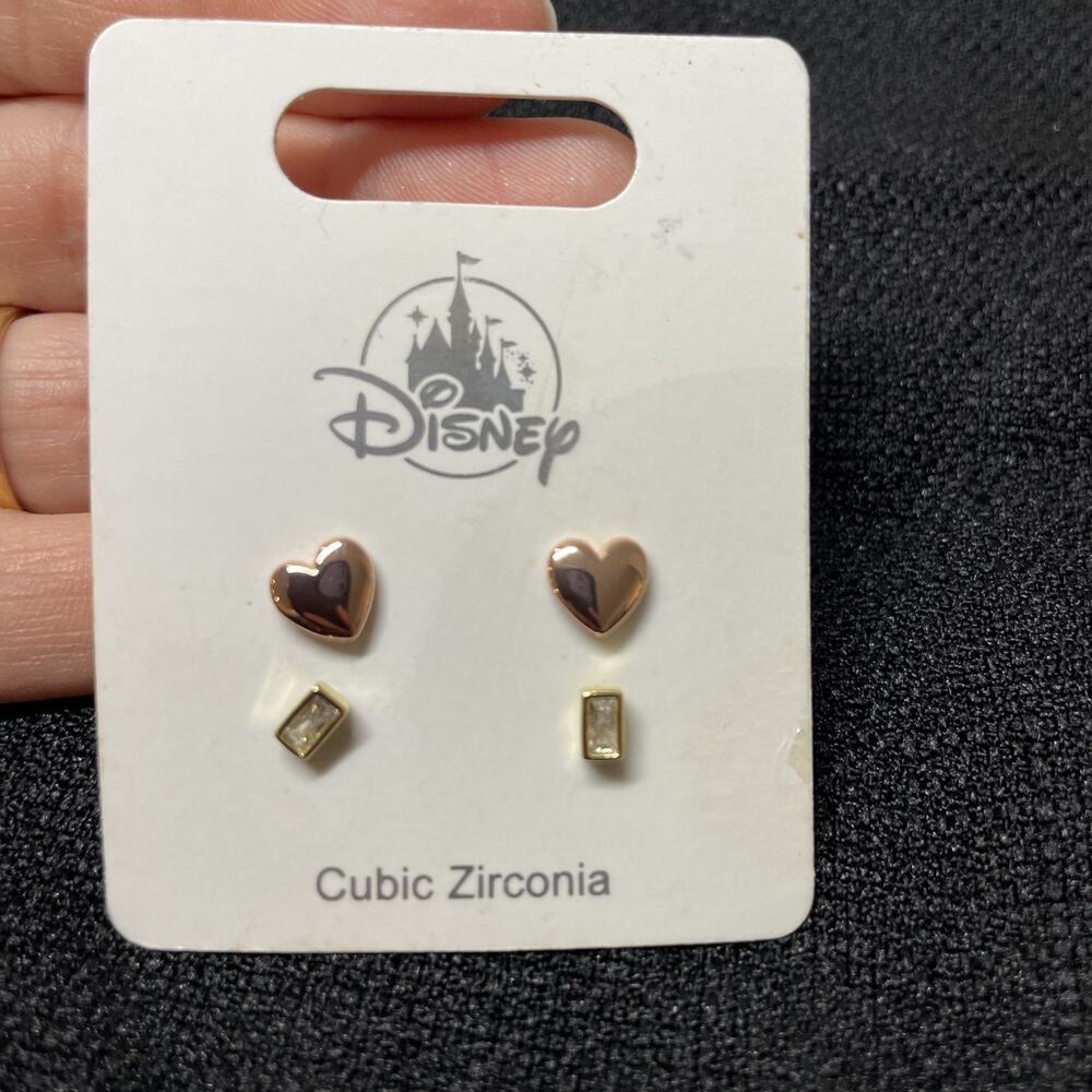 Disney CZ Rose Gold Tone Heart & Baguette Stud Earring Set - 2 Pairs